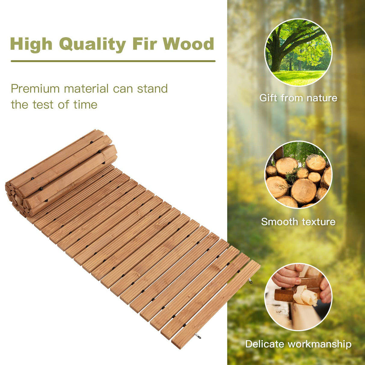 HAPPYGRILL 8 FT Wooden Garden Pathway Weather-Resistant Straight Walkway with Sturdy Steel Wire & Anti-Slip Patterns, Outdoor Roll-up Fir Wood Boardwalk for Patio Beach Garden Backyard HAPPYGRILL