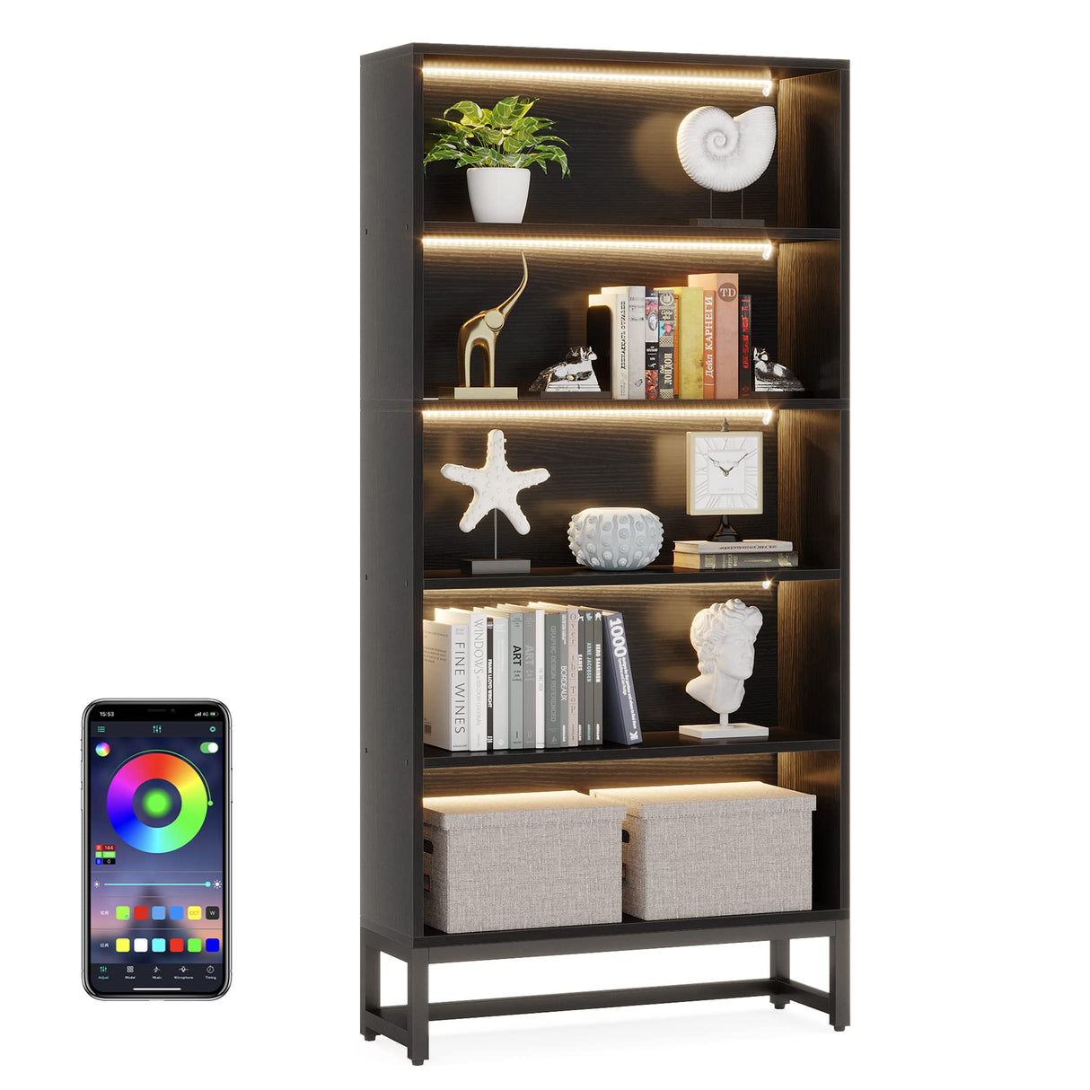 LITTLE TREE 70.8 Inch Tall LED Bookcase with Closed Back – Modern 5-Tier Bookshelf for Living Room and Bedroom Storage LITTLE TREE
