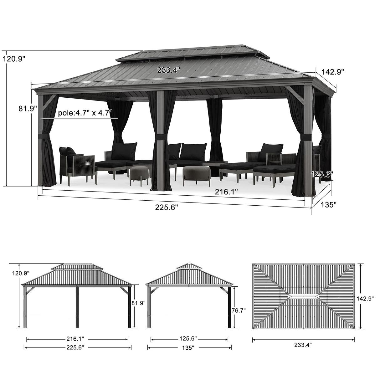 PURPLE LEAF 12' x 20' Permanent Hardtop Gazebo with Galvanized Steel Double Roof and Aluminum Frames Outdoor Large Pavilion Gazebo for Patio Deck Garden, Netting and Curtains Included, Light Grey PURPLE LEAF