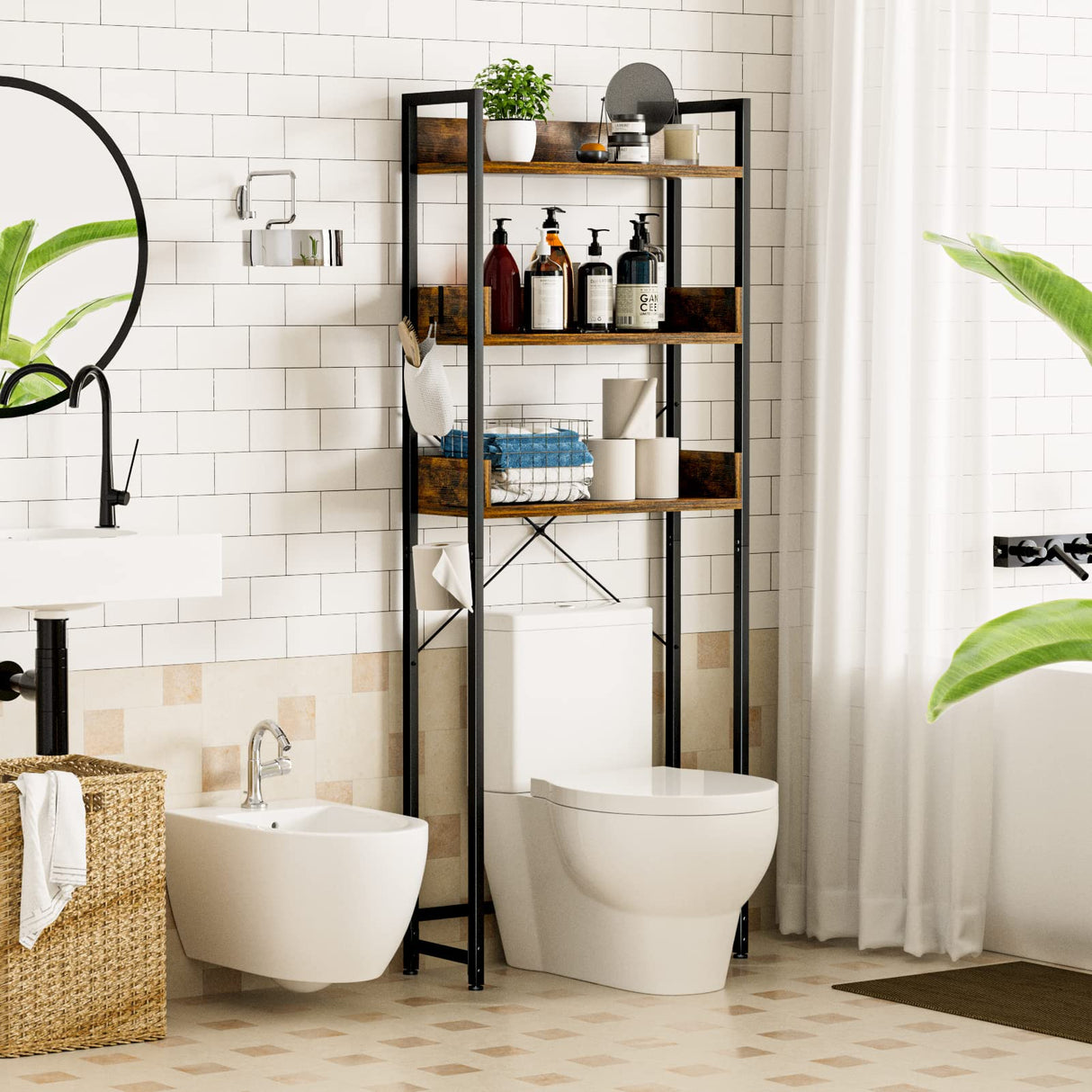 Vintage Brown OTK Over-The-Toilet Storage Rack with 3 Tiers and Toilet Paper Holder OTK