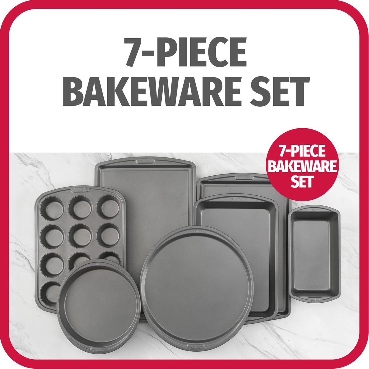 GoodCook Everyday 7-Piece Non-Stick Bakeware Set – 2 Cookie Sheet Pans, Round Cake Pan, Loaf Pan, Pizza Pan, Bake & Roast Pan, 12-Cup Muffin Pan - Baking Supplies, Baking Pans Set GoodCook