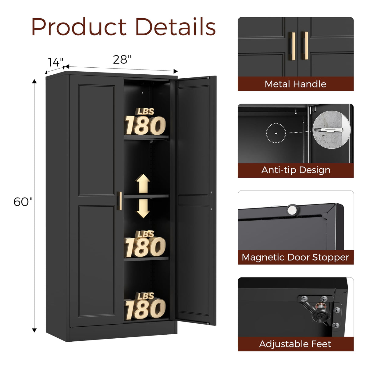 Kubohogar 60" Tall Metal Pantry Cabinet, Black Kitchen Pantry Storage Cabinet with Doors and 3 Adjustable Shelves, Cupboard for Kitchen, Dining Room, Living Room, Bathroom Kubohogar