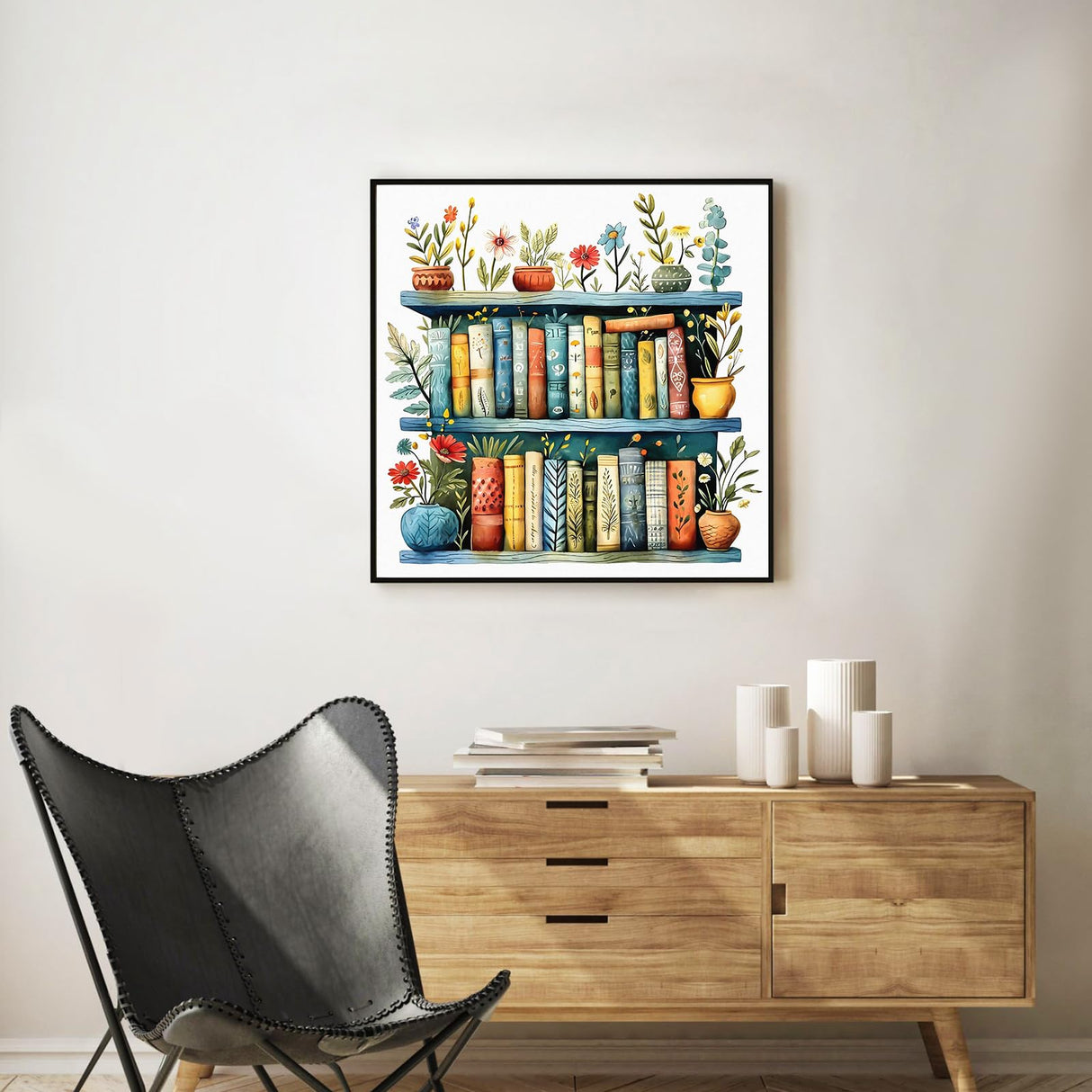 Framed Paint by Numbers Kit for Adults Beginner Bookshelf, Adult Paint by Number Kits on Canvas Framed, DIY Acrylic Oil Painting by Numbers with Frame, Book for Home Decor Gift 10 X 10 Inch Okarina