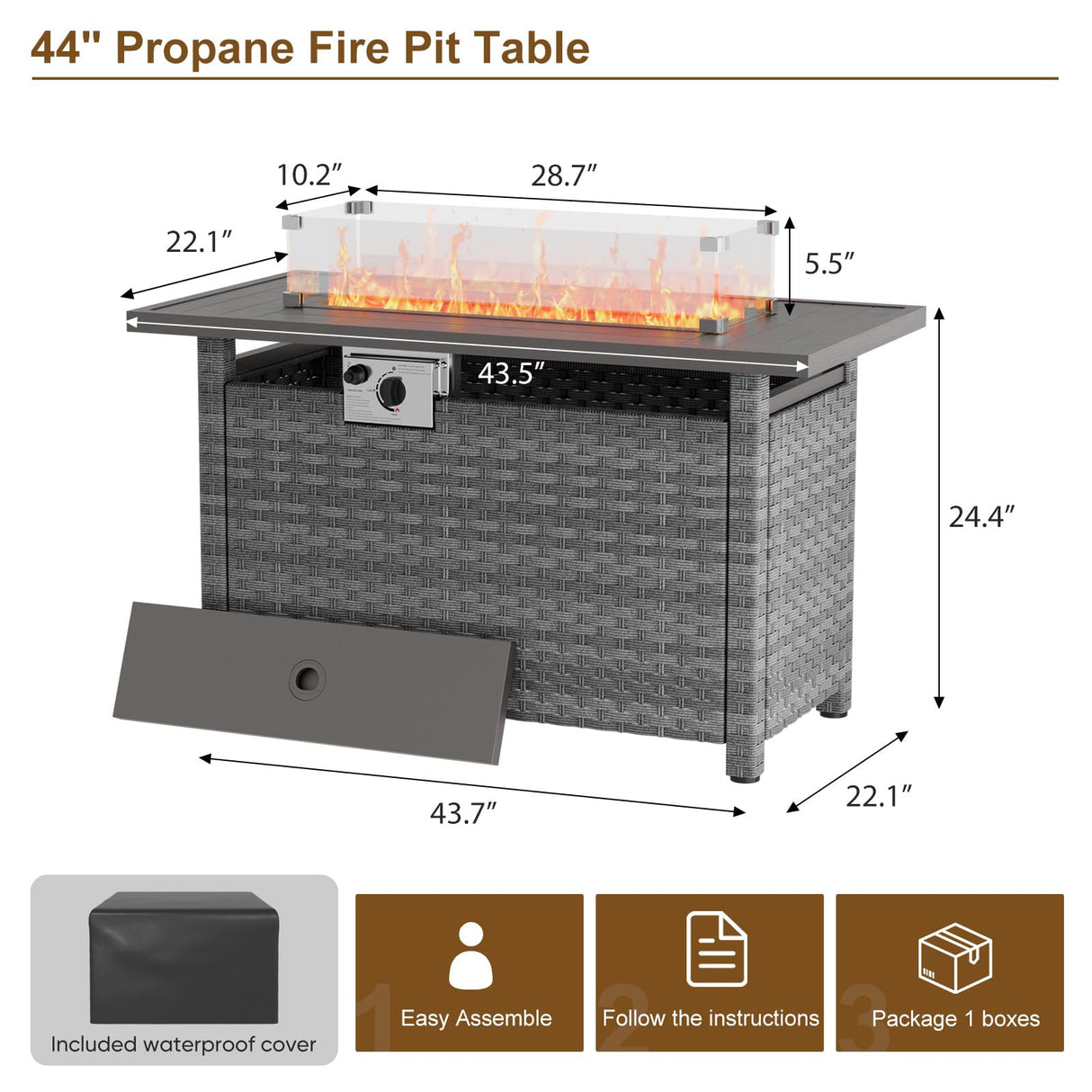 Restland Outdoor Half Moon Patio Furniture Set with Fire Pit Table, Grey Rattan Curved Patio Sectional Sofa, Wicker Conversation Set Restland