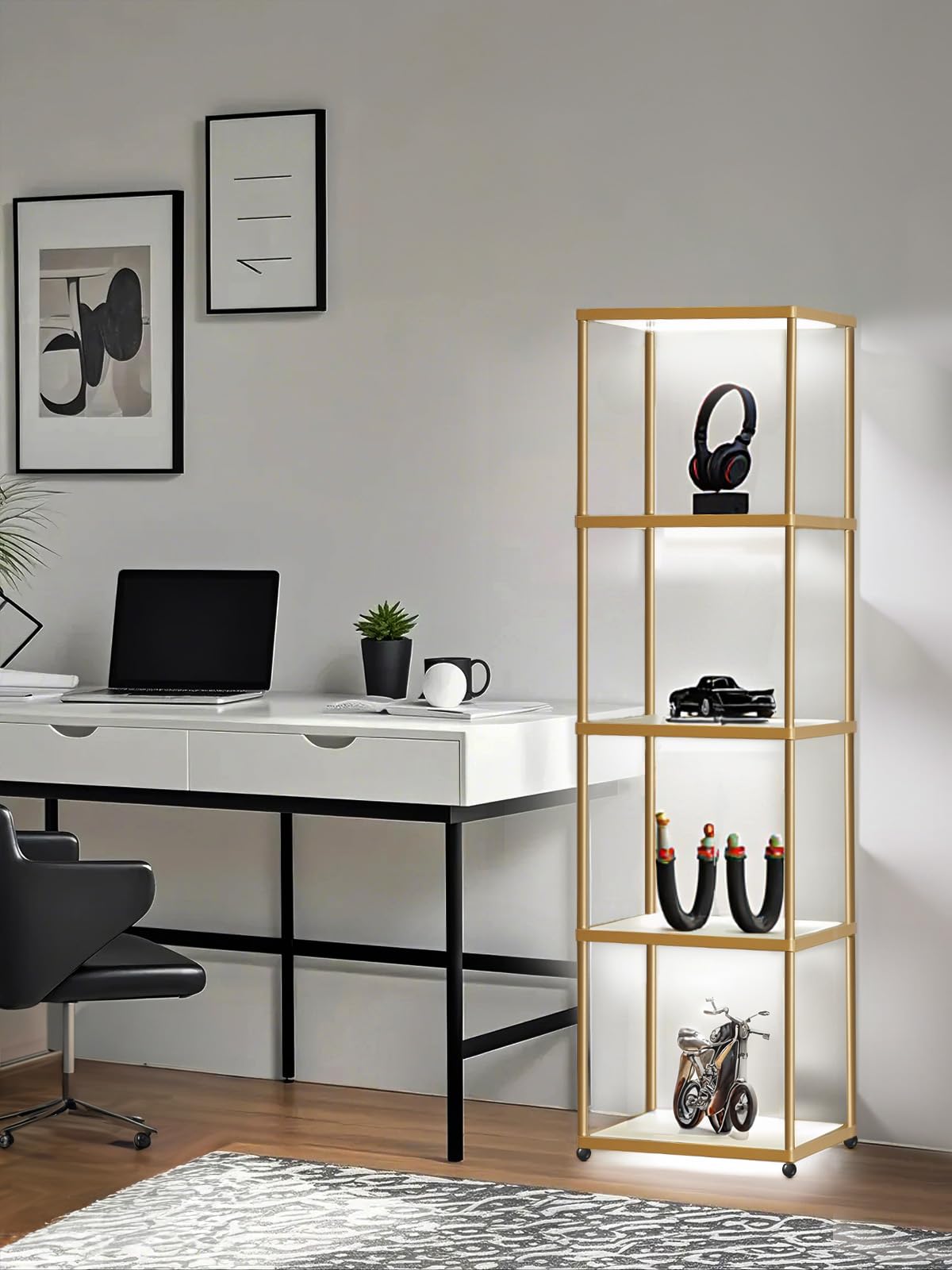 MANBUR Display Shelf with Dimmable LED Floor Lamp, Display Cabinet with Glass Bookcase, Home Decor, Bedroom Decor, Bookshelf with Light, Open Book Shelf with 5-Tier Shelf for Living Room Decor Gold MANBUR