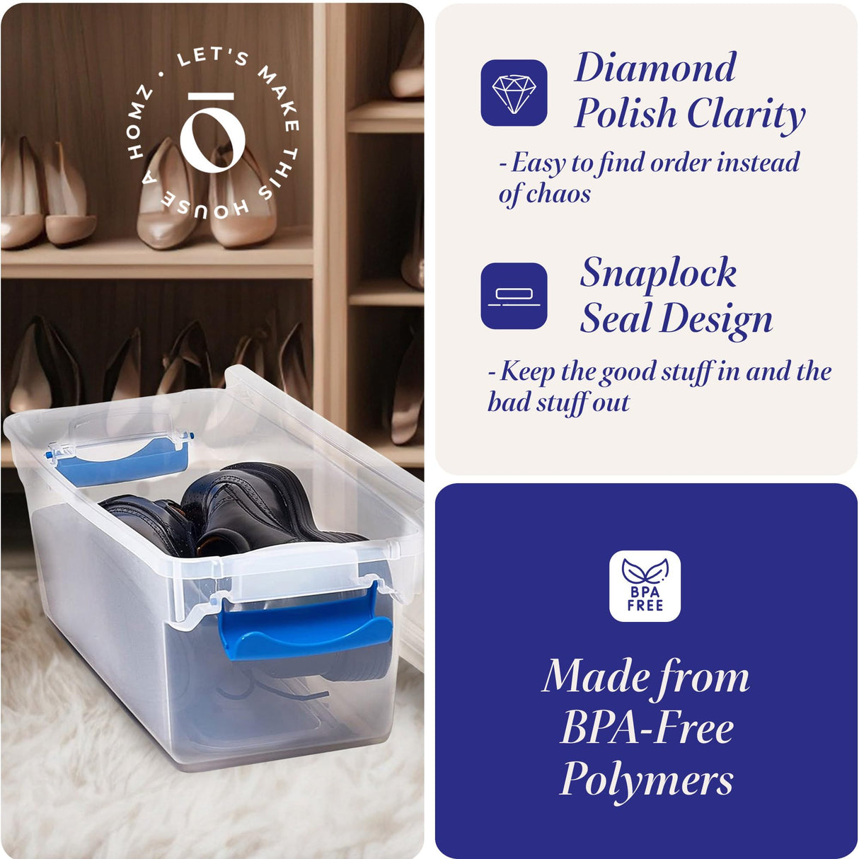 HOMZ 5-Pack Latching Lid, Clear Plastic Storage Organizer Bins, 7.5 Quart, Blue Latch - Stackable Organizing Containers for Home, Garage, and Office HOMZ