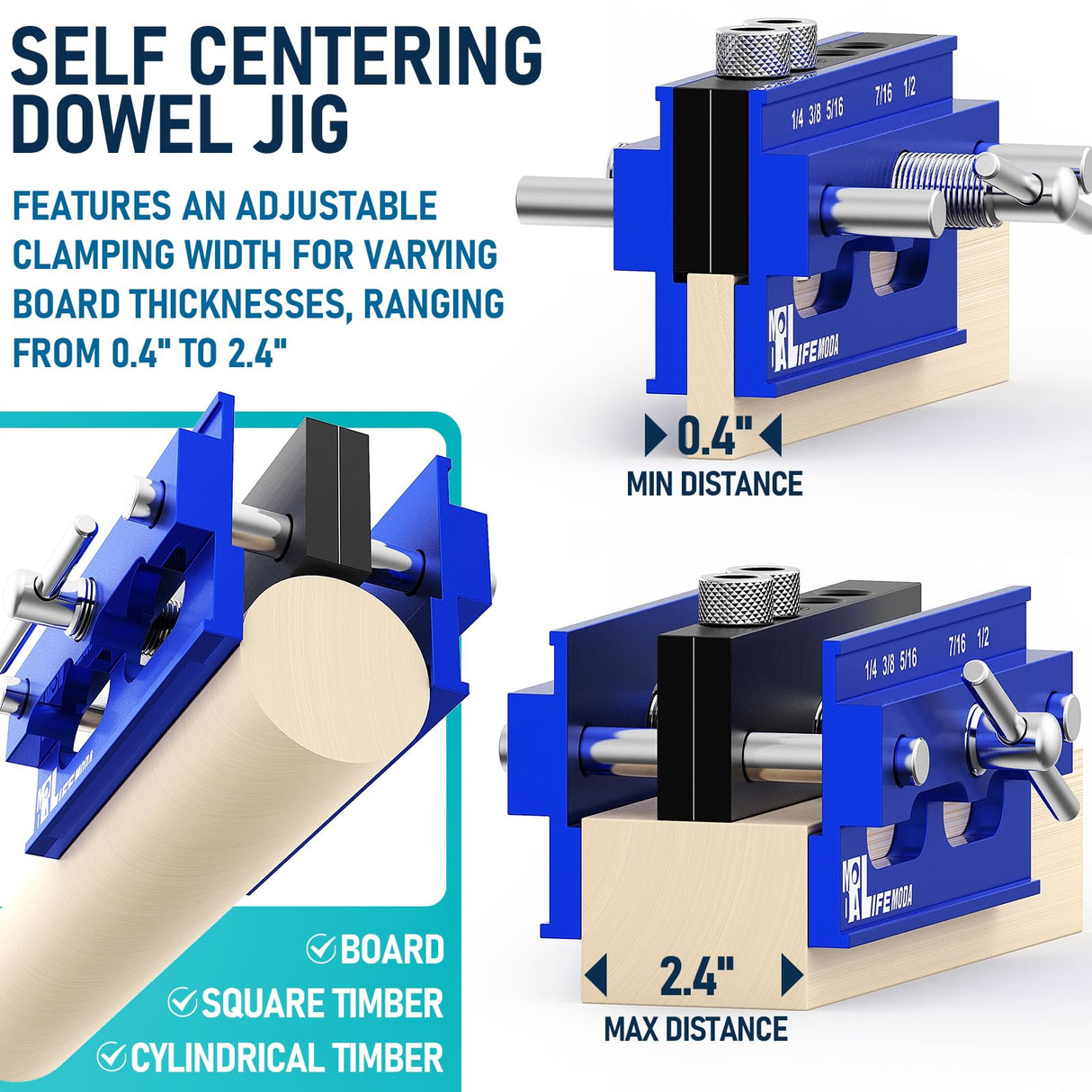 LIFEMODA Self Centering Doweling Jig Kit, Drill Jig For Straight Holes Biscuit Joiner Set With 6 Drill Guide Bushings, Adjustable Width Drilling Guide Tool Accessory Jigs (Blue) Lifemoda