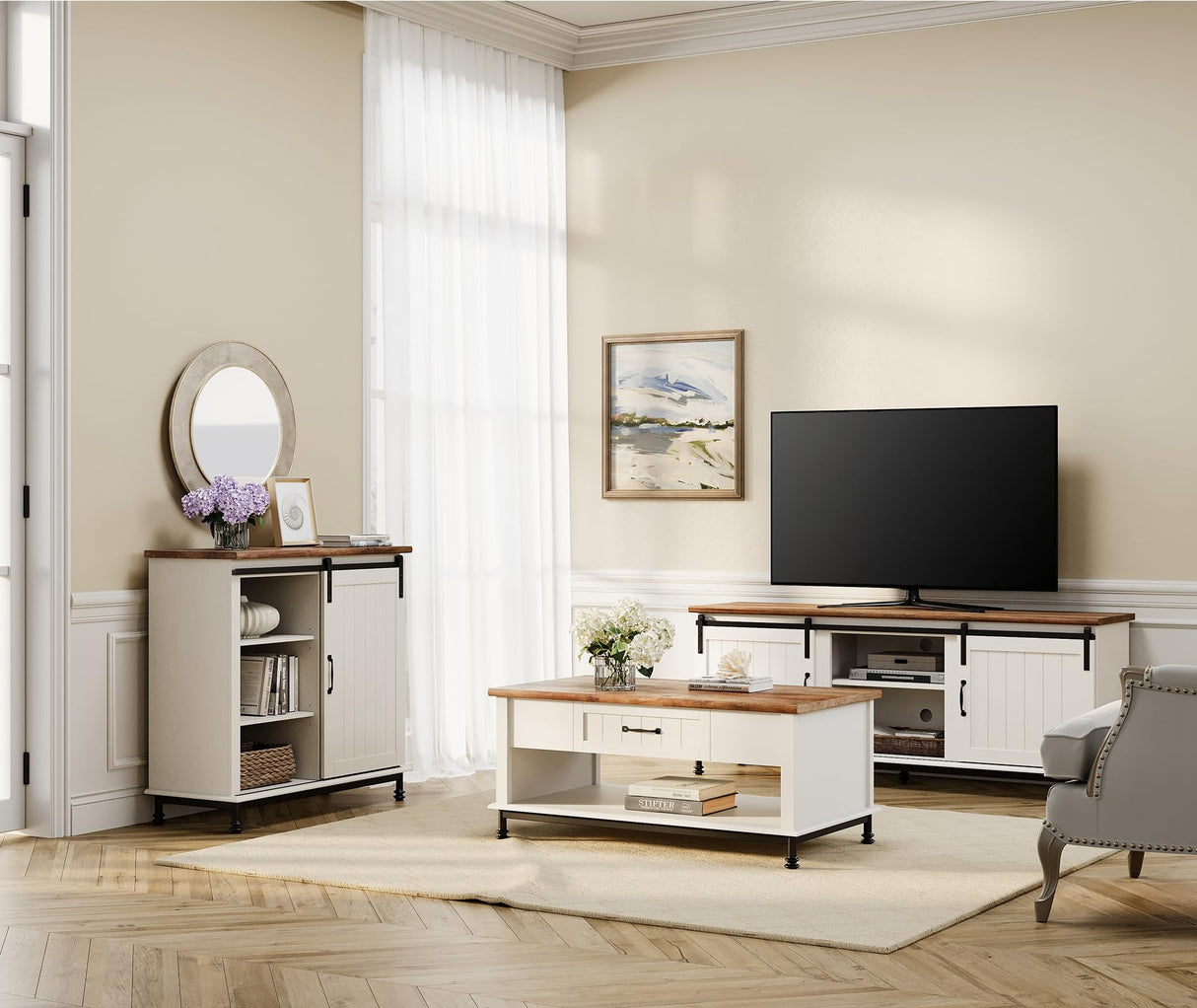 WAMPAT Farmhouse White Buffet Sideboard with Sliding Barn Door and Adjustable Shelf WAMPAT