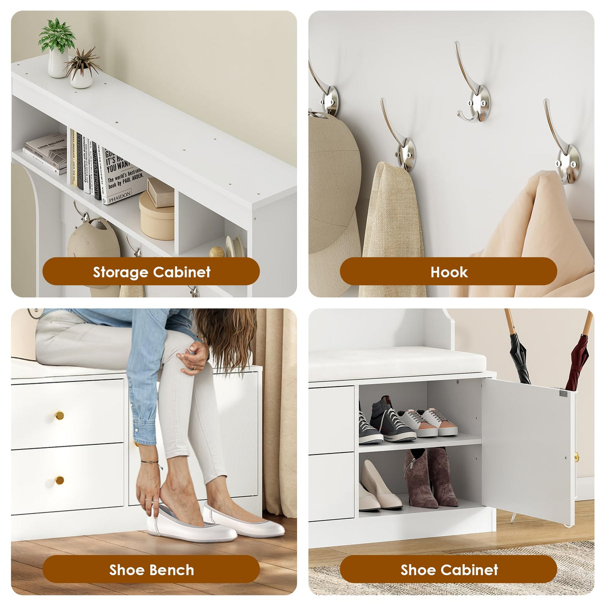 Soohow Hall Tree with Bench and Shoe Storage, Mud Room Bench with Storage and Seating, Hall Tree with Shoe Storage with 7 Hooks, 6-in-1 Farmhouse Hall Tree with Bench for Entryway, 70.9", White Soohow