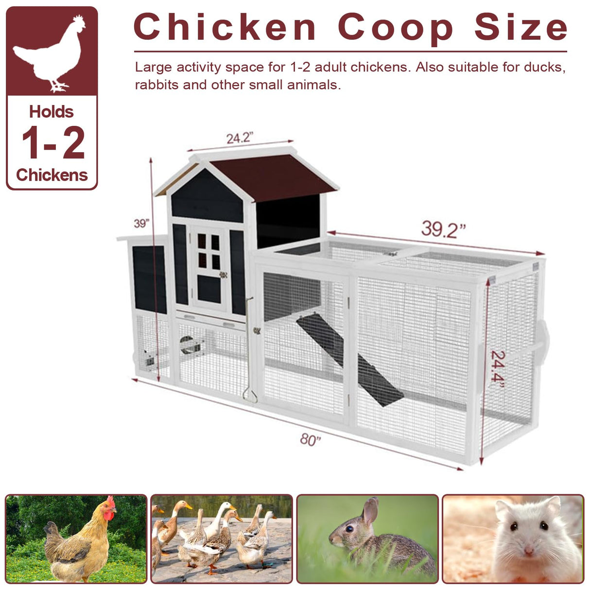 Ecolinear 80” Mobile Chicken Coop for 1-2 Chickens with Wheels,Outdoor Wooden Hen House with Nesting Box,Large Rabbit Hutch, Outside Poultry House,Wire Fence Run Cages,Weatherproof for Backyard,Black ECOLINEAR