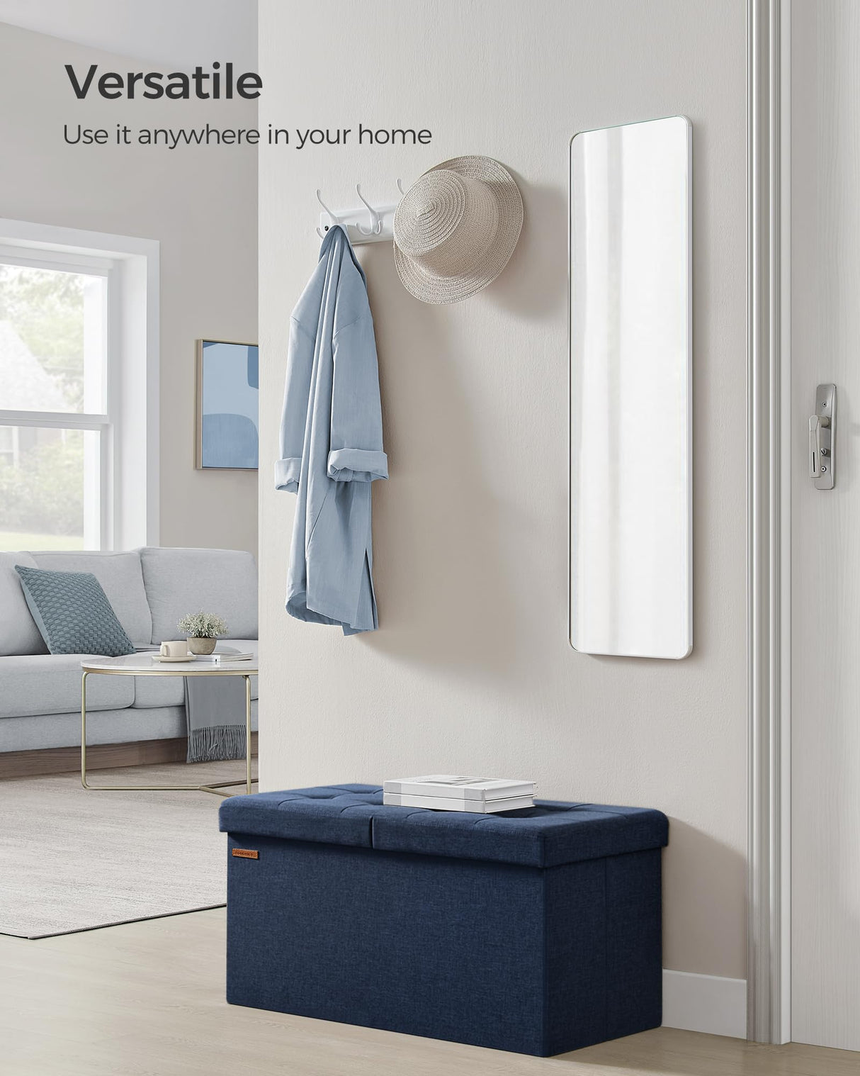 SONGMICS Mazie Collection - 30 Inches Storage Ottoman, Foldable Storage Bench with Flipping Lid, 660 lb Load Capacity, for Entryway, Living Room, Bedroom, Midnight Blue ULSF046Q02 SONGMICS