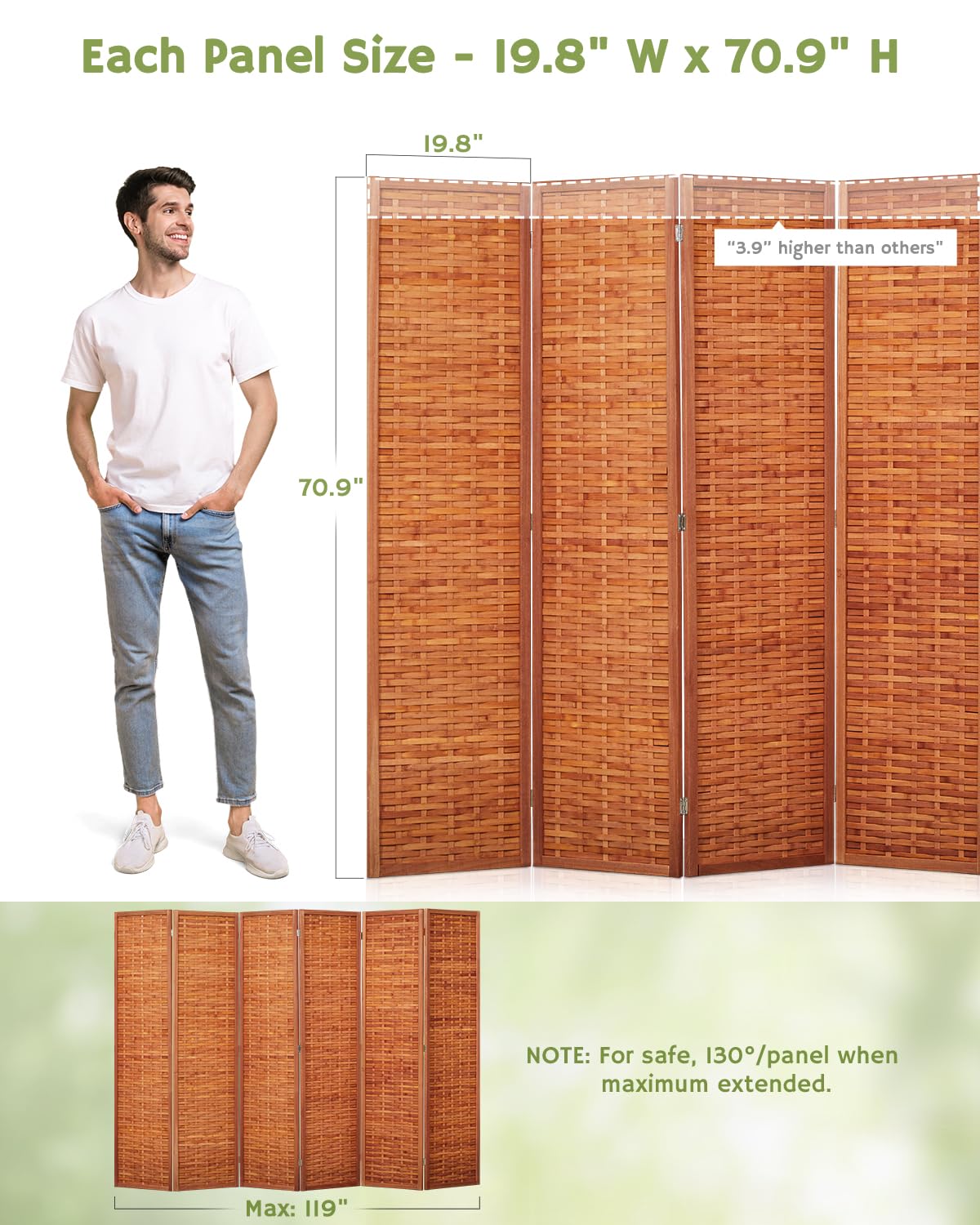 JOSTYLE Room Divider with Natural Bamboo, 6-Panel Folding Privacy Screen Room Divider- Saddle Brown JOSTYLE