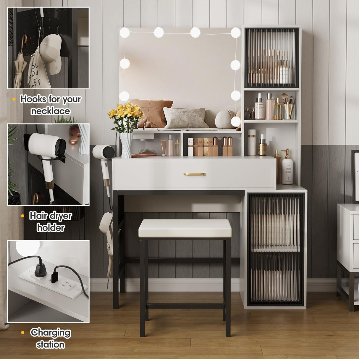 Fameill Vanity with Mirror and Light, Makeup Vanity Desk with 3 Color Lighting, White Vanity with Charging Station and Clothes Hook, Large Vanity Set with Lots Storage, Black Metal Frame Fameill