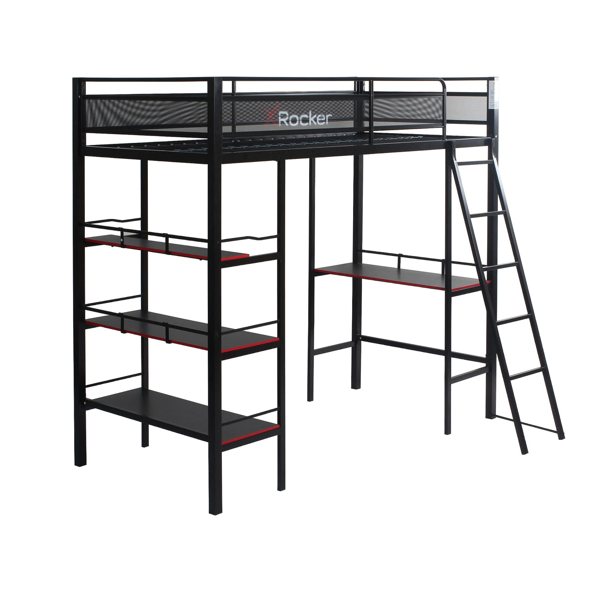 X Rocker Fortress Video Gaming Twin Loft Bed, Durable Black Metal Bed Frame, Built-in Desk and 3 Shelves, 77.64" x 59.17" x 72.05" X Rocker