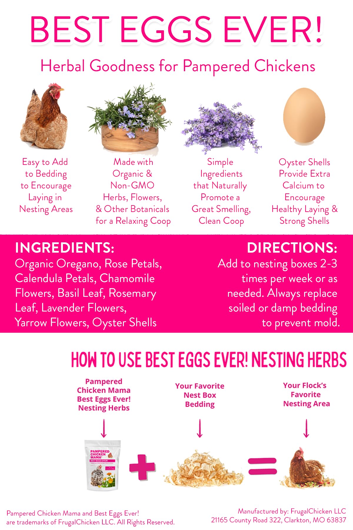 Pampered Chicken Mama Best Eggs Ever! Nesting Herbs for Chickens (10 Ounces) Calcium Supplement for Chickens | Chicken Feed Supplies, Hen Treats for Coops Pampered Chicken Mama