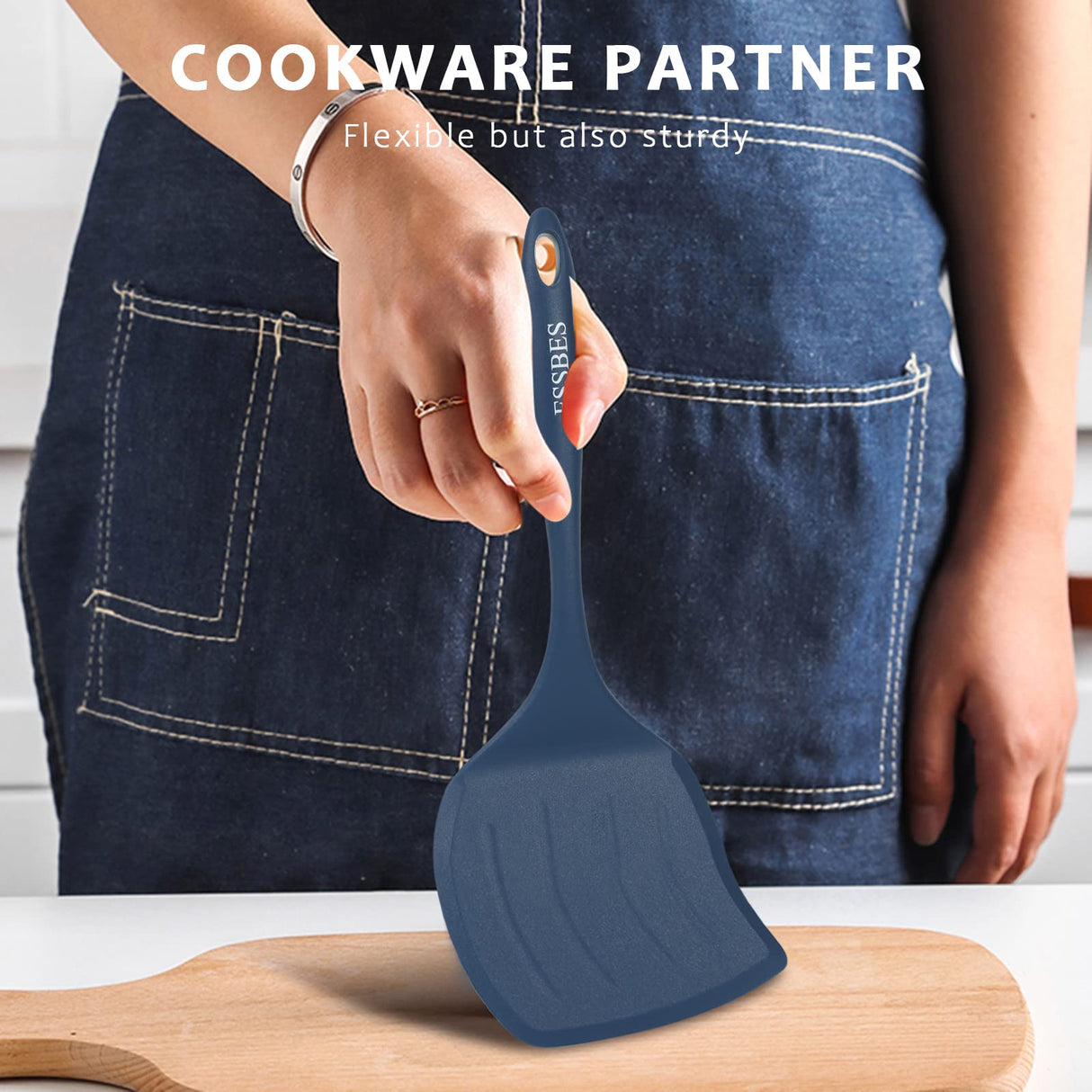 ESSBES Extra Large Silicone Turner - 600F Heat Resistant Nonstick Flexible Kitchen Spatula, BPA Free Dishwasher Safe Utensils, Nonslip Grips One Piece Cookware Suitable for Cooking Baking (Blue) ESSBES