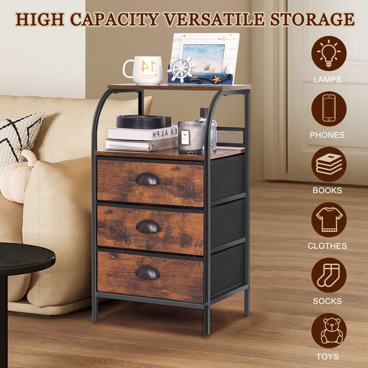 Jixlantuc Nightstand Bedside Table Drawer Organizer Side Table with Fabric Drawers End Tables Living Room Night Stand Chest of Drawers for Bedroom,Hallway, Entryway Jixlantuc