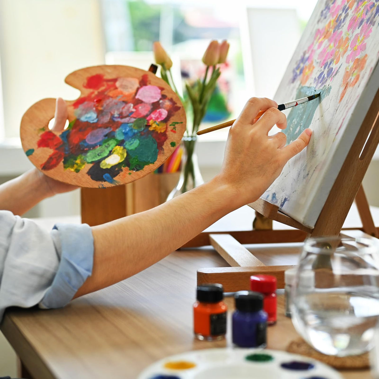 PATIKIL 9"x12" Wooden Paint Palette, 2 Pack Wood Painting Palette Color Mixing Square Paint Tray Palette with Thumb Hole for Oil Watercolor Artist, Wood Color PATIKIL