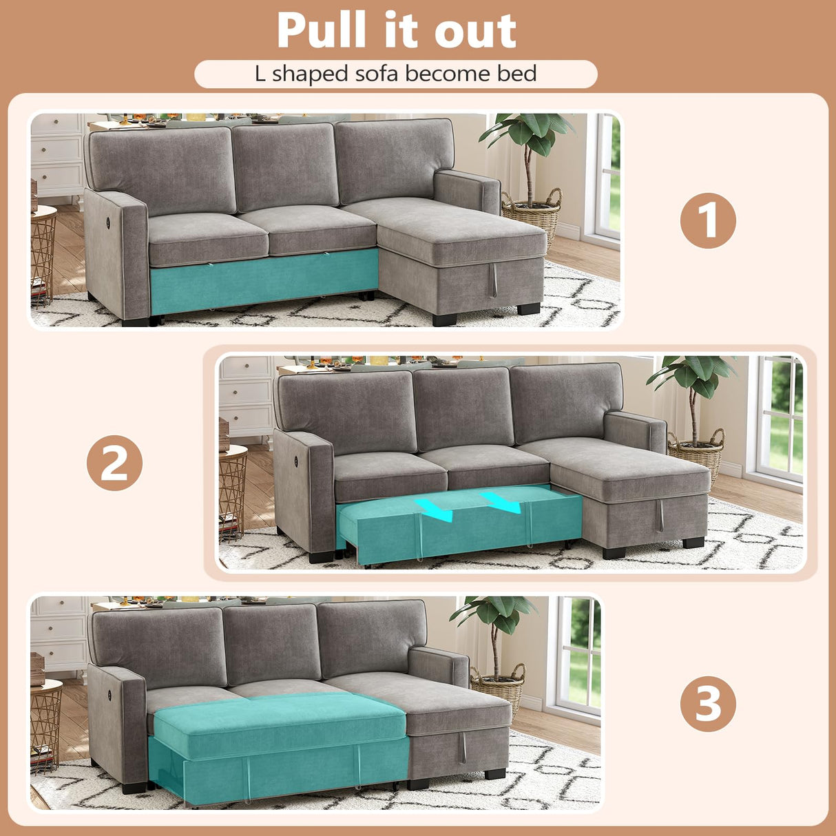 HAOMARKETS L Shaped Convertible Sleeper Sofa Bed, 90” Pull Out Couch Bed with Cup Holders and USB Charging Port, Sectional Couch Reversible Chaise with Storage for Living Room Apartment, Grey HAOMARKETS