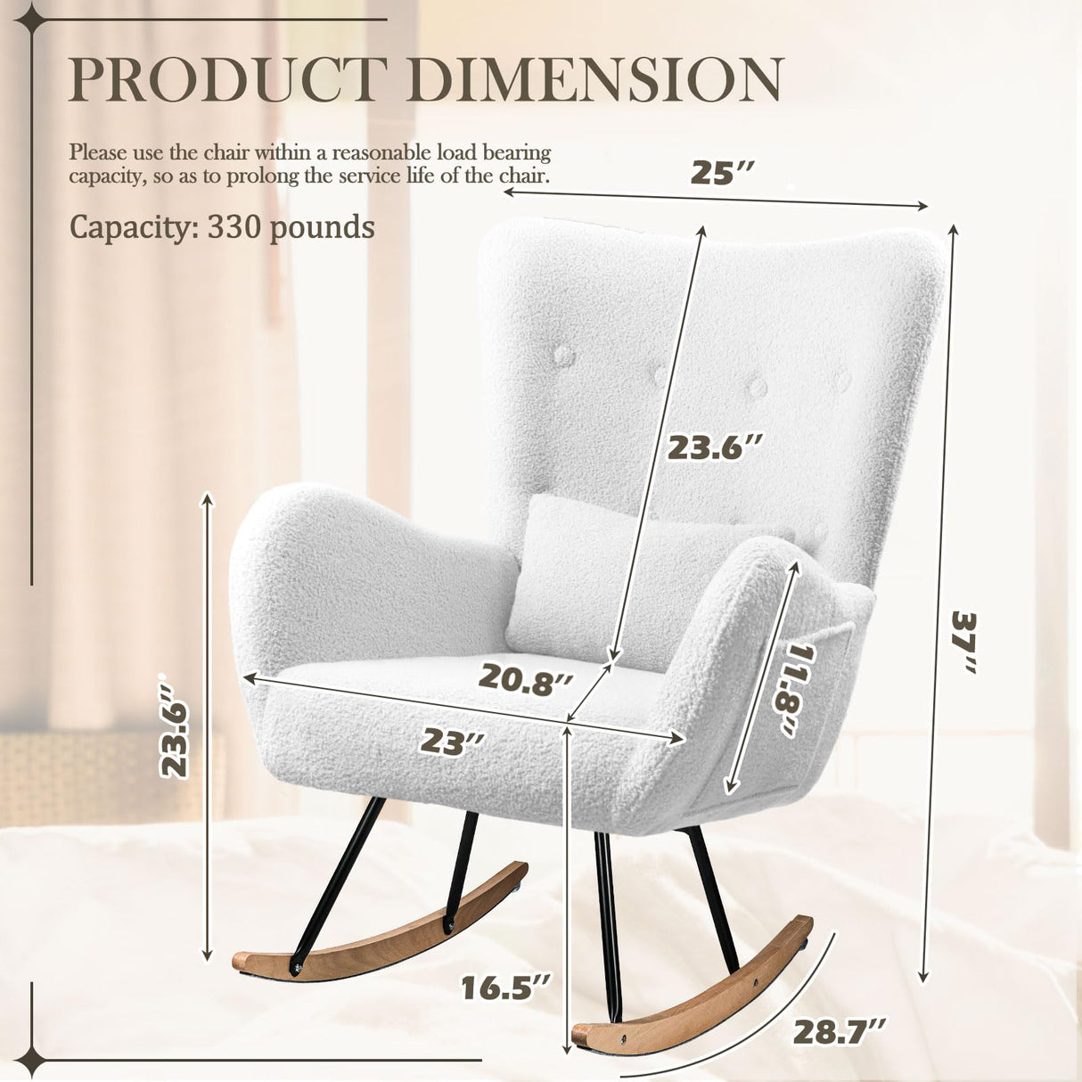 Waleaf Rocking Chair Nursery, Teddy Upholstered Rocking Chair Indoor with High Backrest Glider Accent Chair, Padded Seat Nursing Chair Comfy Chair for Bedroom (Ivory) Waleaf