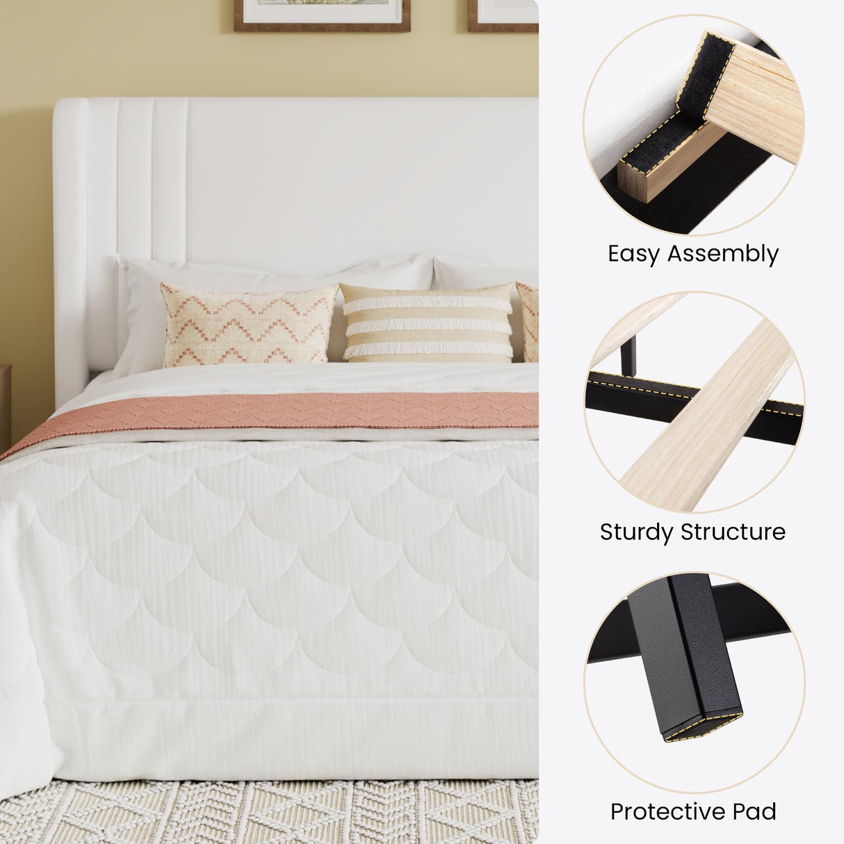 SHA CERLIN King Size Velvet Upholstered Platform Bed Frame with Vertical Channel Tufted Wingback Headboard, Wooden Slats Support, Easy Assembly, Under Bed Storage, No Box Spring Required, White SHA CERLIN