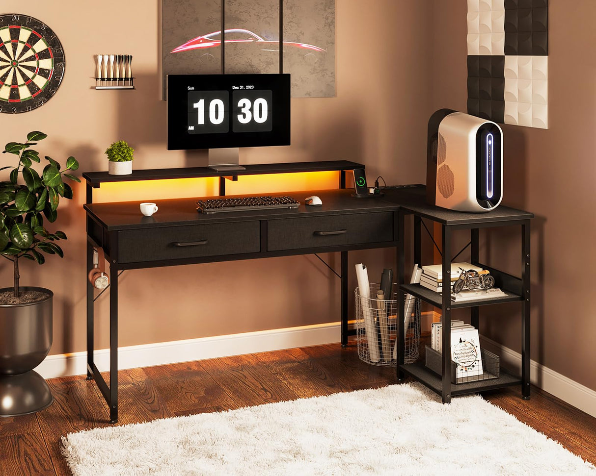 Coleshome 48 Inch L Shaped Gaming Desk with 2 Drawers & Storage Shelves, Computer Desk with USB Ports, Study Writing Table for Bedroom, Simple Modern Laptop Desk for Home Office, Black Coleshome