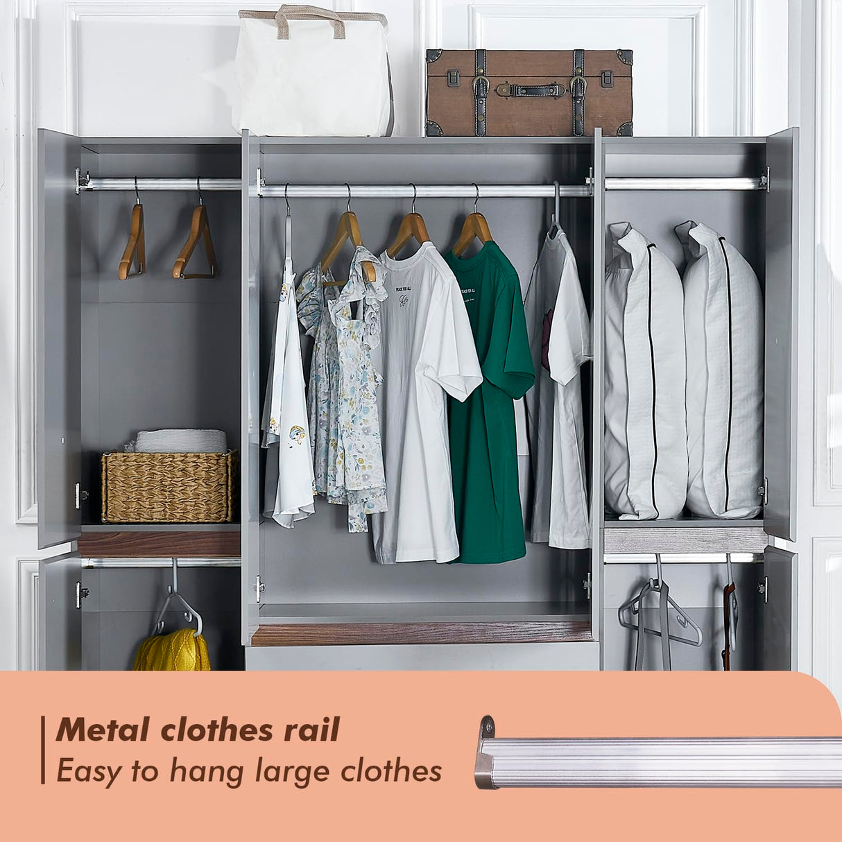 GraceGrove 4-Door Wooden Gray Armoire Wardrobe Closet with 3 Drawers for Bedroom Storage Wardrobe Closet Wood with Hanging Rod with Large Storage Wardrobe with Drawers 63" L x 20.3" W x 72" H GraceGrove