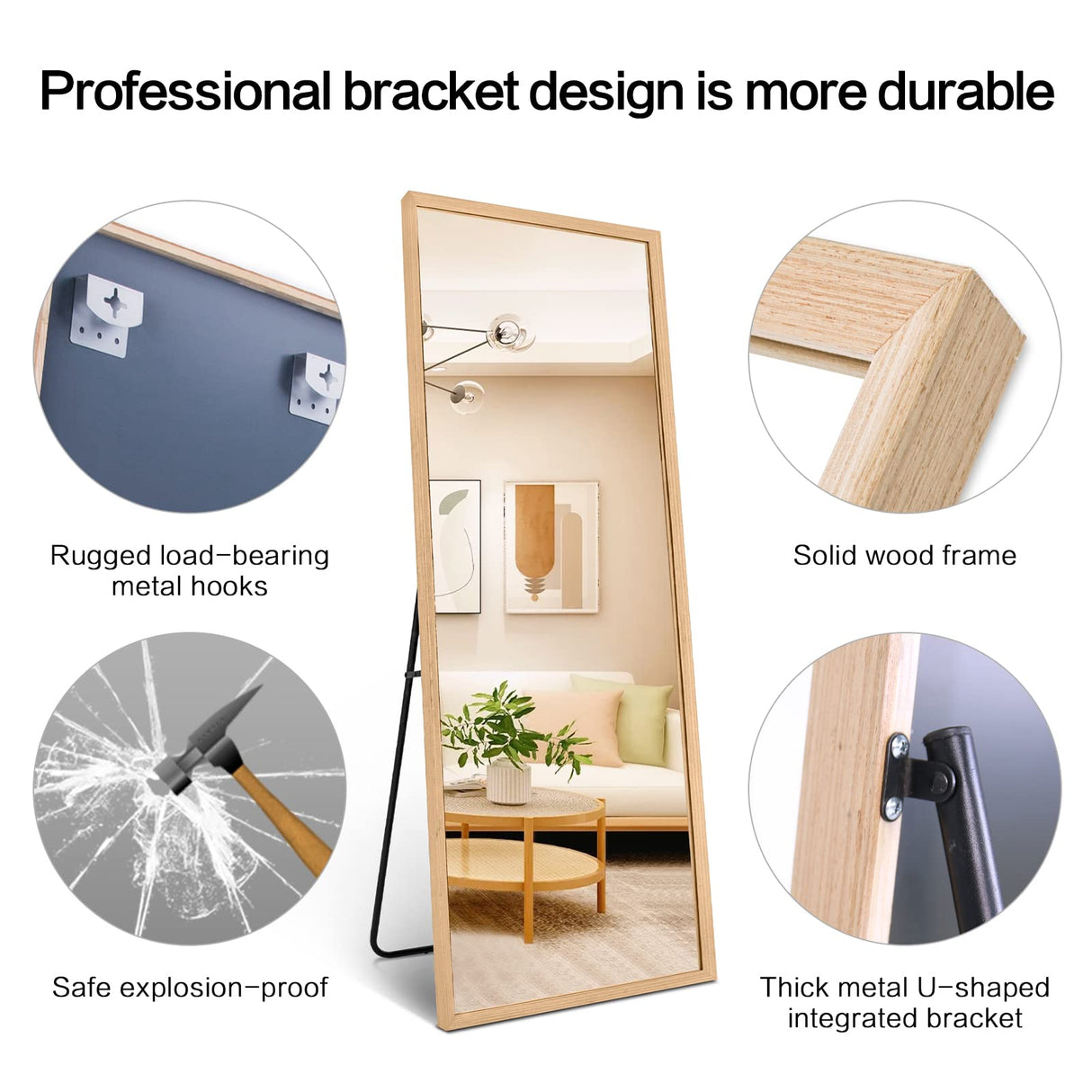 TheiaMo 65"×22" Wooden Full Length Mirror, Floor Mirror with Standing Holder Leaning/Hanging Mirror Wood Frame Large Wall-Mounted Mirror for Bedroom/Living Room, Solid Wood TheiaMo