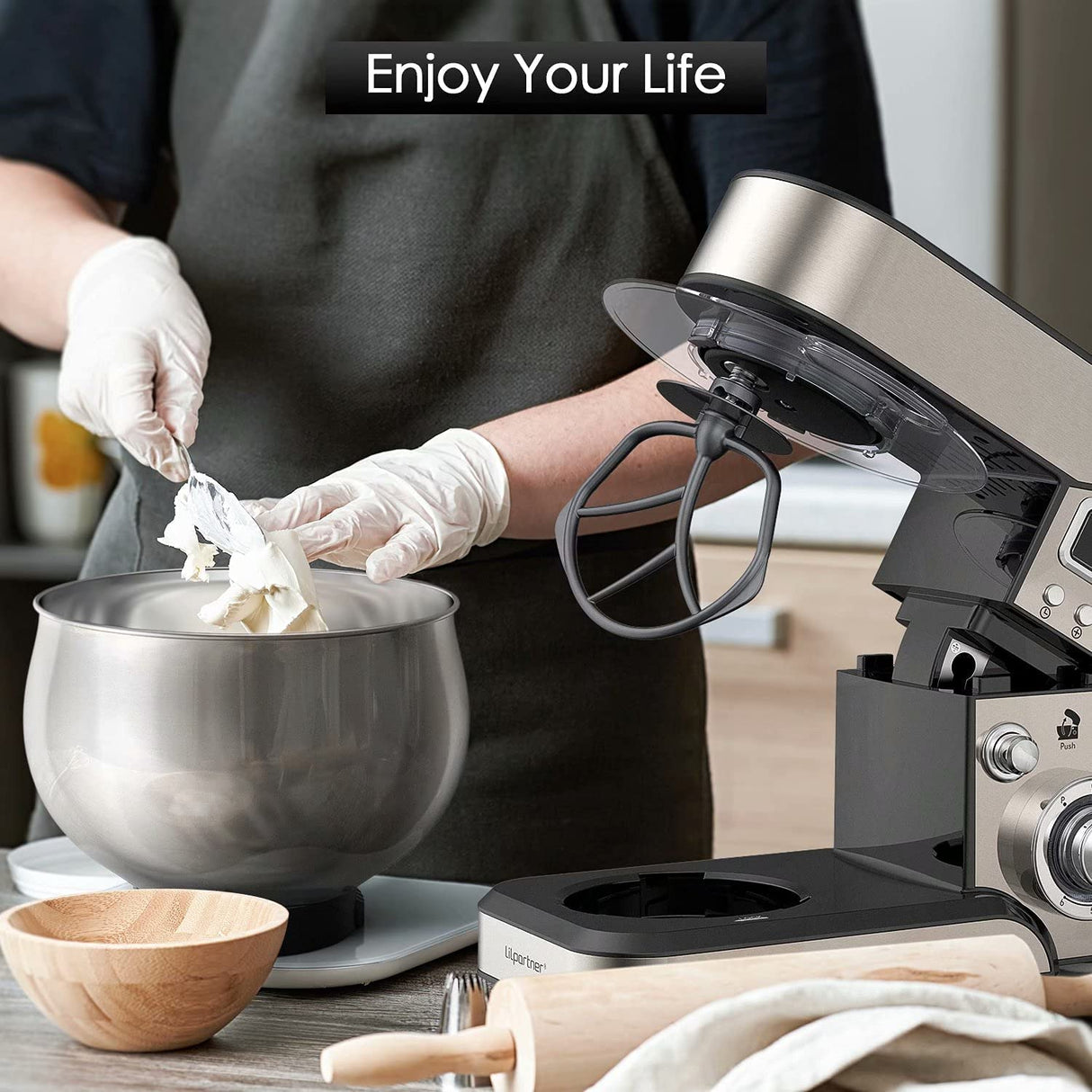 Stand Mixer, Stainless Steel Mixer 5.3-QT LCD Display Food Mixer, 6+P Speed itchen Electric Mixer Tilt-Head Mixer with Stainless Steel Bowl, Dough Hook, Beater, Whisk LILPARTNER