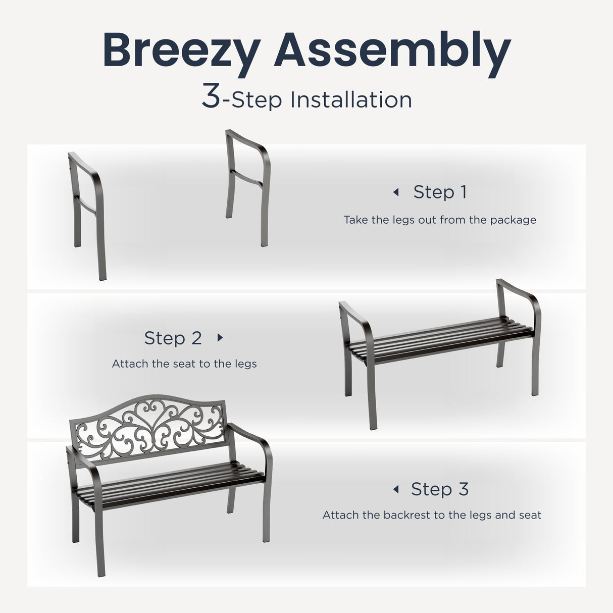 PHI VILLA 43 Inch Cast Iron Steel Frame Outdoor Garden Bench, Patio Furniture Chair Bench w/Floral Design Backrest, Slatted Seat for Park, Yard, Porch - Black PHI VILLA