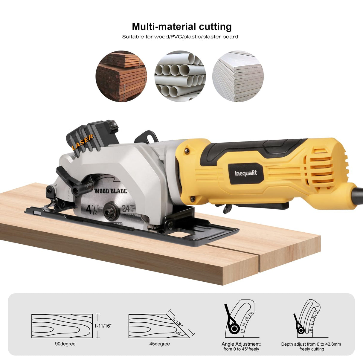 Inequalit 4Amp Mini Circular Saw, 3500RPM Corded Compact Saw with 4-1/2" 24T TCT Blades, Laser Guide, Rip Guide, Vacuum Adapter and Blade Wrench, Max Cutting Depth 1-11/16"(90°), 1-1/8"(45°) Inequalit
