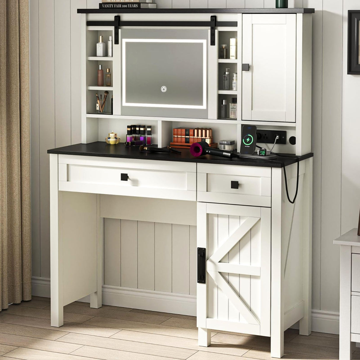 Loomie Farmhouse Vanity Desk with Sliding Mirror & Lights, Makeup Vanity Table with Power Outlet, 2 Drawers, 2 Cabinets & 2 Cubbies, Dressing Table with 3 Color Lighting Modes for Bedroom (White) Loomie