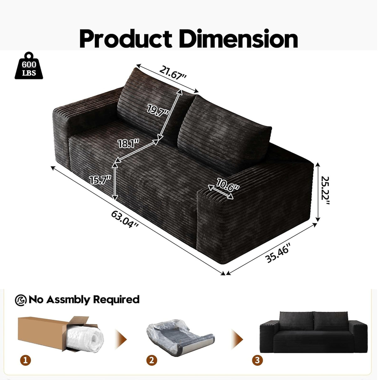 63" Cloud Loveseat Sofa, Modern Corduroy Boneless Couch with Deep Seat Memory Foam, Comfy 2 Seater Foam Floor Couches for Living Room Bedroom Apartment, No Assembly Required (Black, 63"+2 Seaters) YskdhfczQ