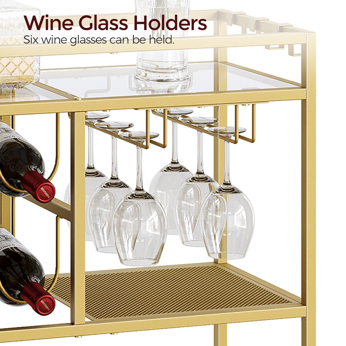 MAHANCRIS Bar Cart for Home, 3-Tier Serving Cart with Wheels and Handle, Beverage Cart with Wine Rack and Glass Holders, Rolling Wine Cart for Kitchen, Dining Room, Gold RCJ61B01 MAHANCRIS