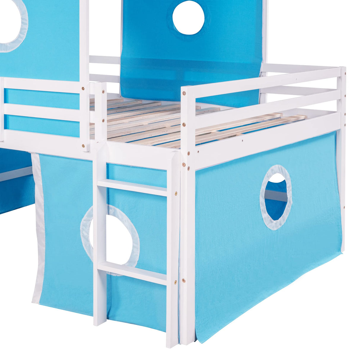 Harper & Bright Designs Blue Full Size Loft Bed with Slide, Curtains, and Tower - Solid Wood Low Loft Frame for Kids Harper & Bright Designs