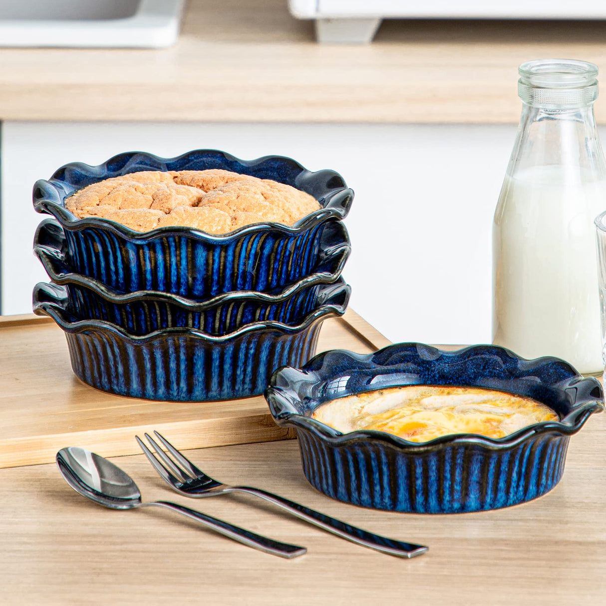 vancasso Mini Pie Pans Set of 6, 5.2 Inch Ceramic Deep Dish Pie Plates with Ruffled Edge for Baking, Microwave & Oven Safe, Blue vancasso