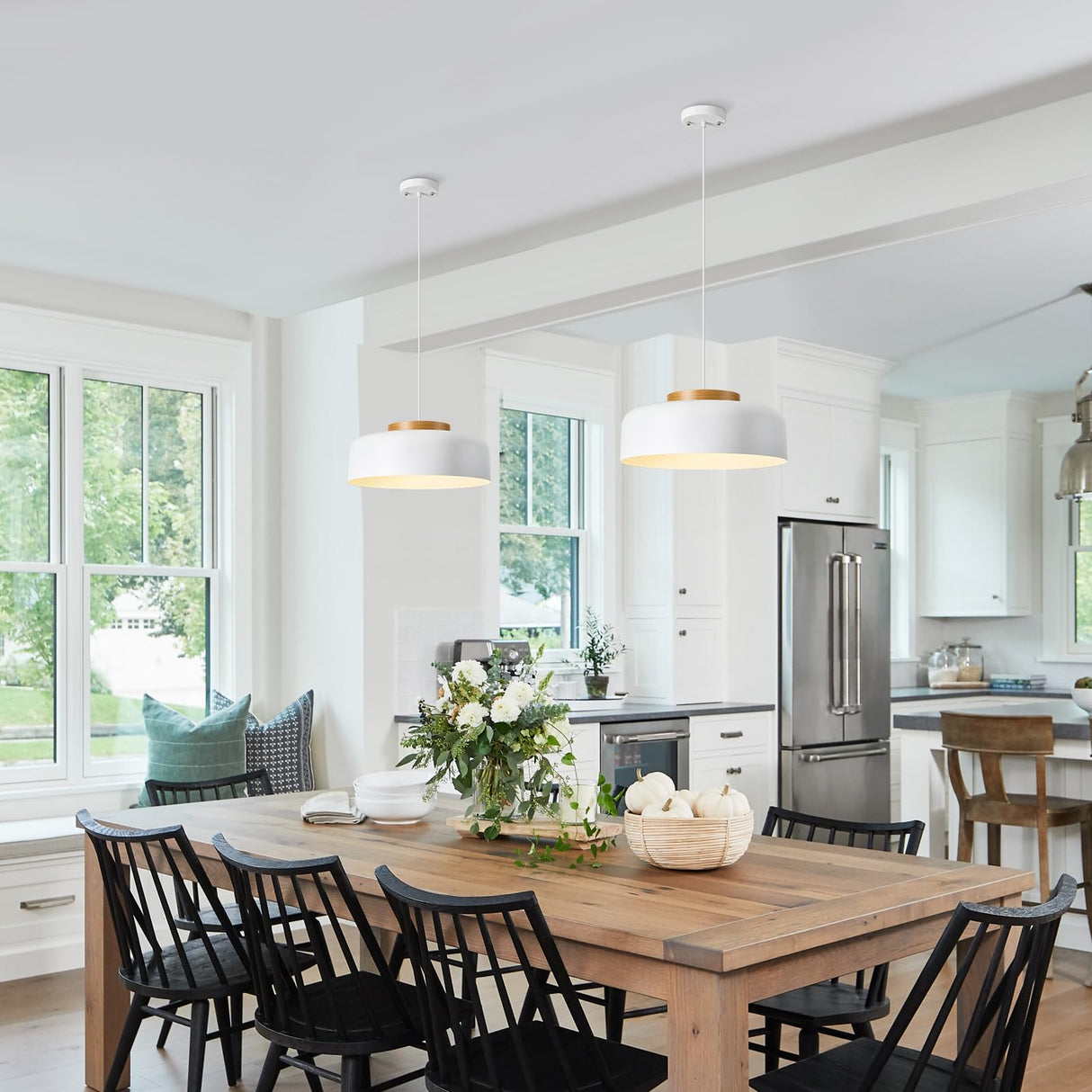HUAWIYA Modern Pendant Lighting, 17.7 inch,Natural Wood Cap, Drum Simple Large Pendant Light Fixture Chadelier for Dining Table, Kitchen Island, Matte White HUAWIYA