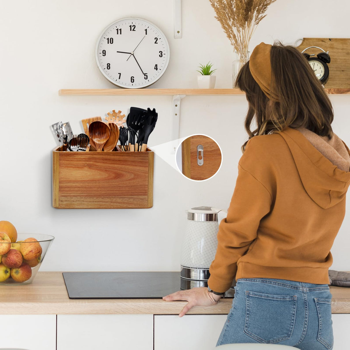 Wooden Kitchen Utensil Holder Organizer for Counter or Countertop, Large Wooden Utensil Holder for Storage Cooking and Silverware with 3 Compartment, Acacia Rustic Wood Container Extra Large Liberal Brightdeer