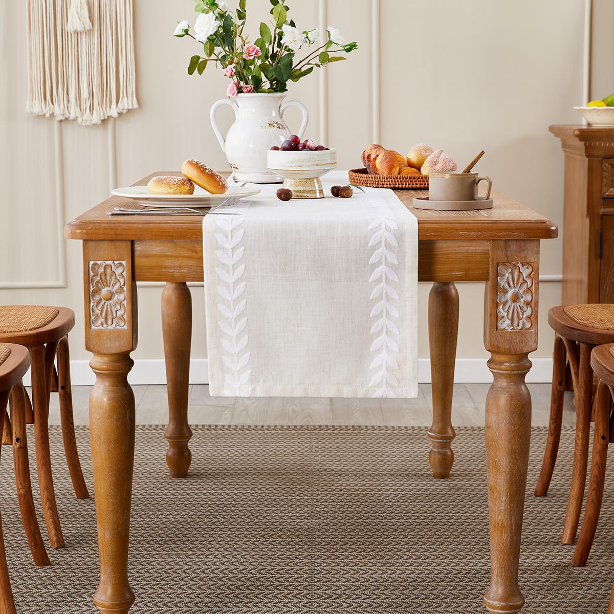 Wracra Embroidered Table Runner Irregular Willow Leaf Table Runners 72 Inches Long For Dresser Home Dining Table Decor,14 x 72 Inch, White Wracra