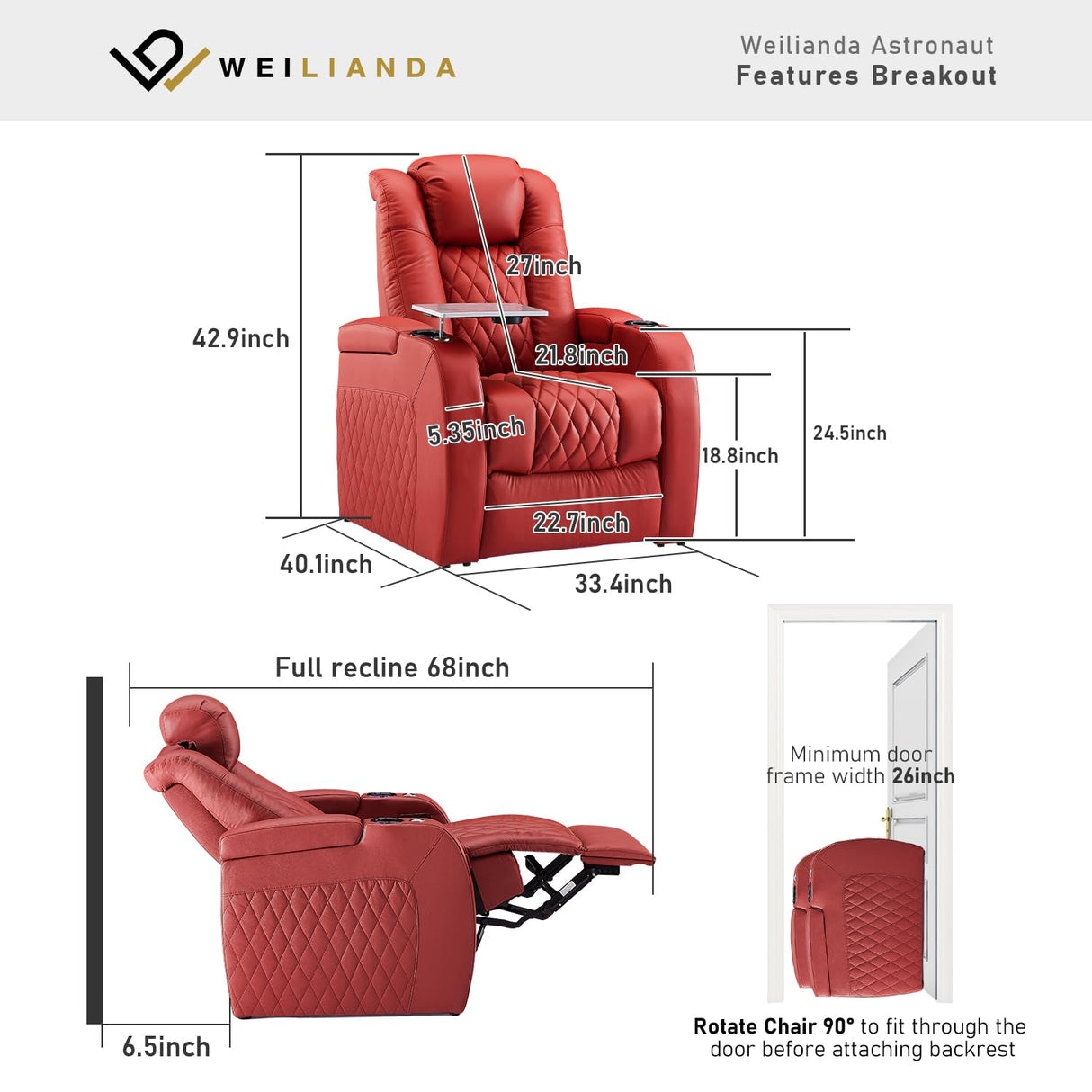 Weilianda Home Theater Seating Top Grain Leather Zero Gravity Recliner Chair Power Headrest Recline Movie Seat Gaming 7 Colors Mood Light Sofa with Tray Table USB Charge Row of 1 Red Weilianda