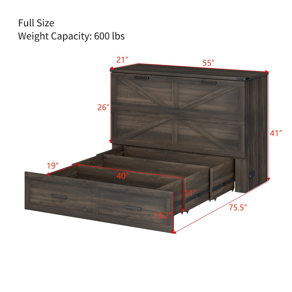 Merax Farmhouse Wood Murphy Bed Chest with Charging Station, Foldable Wall Platform Bed with Storage Drawer/Space Saving/Wood Slat Support/Full, Gray Merax