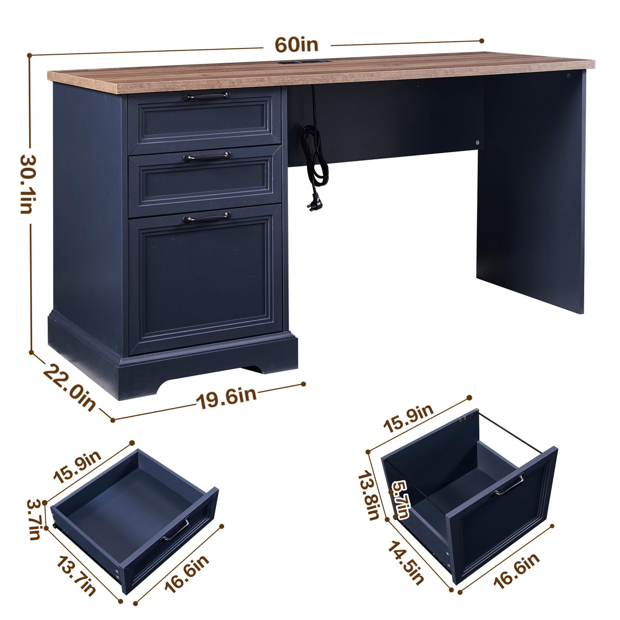 boknight 60" Farmhouse Executive Desk with Charging Station,Home Office Desk with 2 Drawers &1 File Cabinet,Wood Work Desk for Office and Home (Blue) boknight