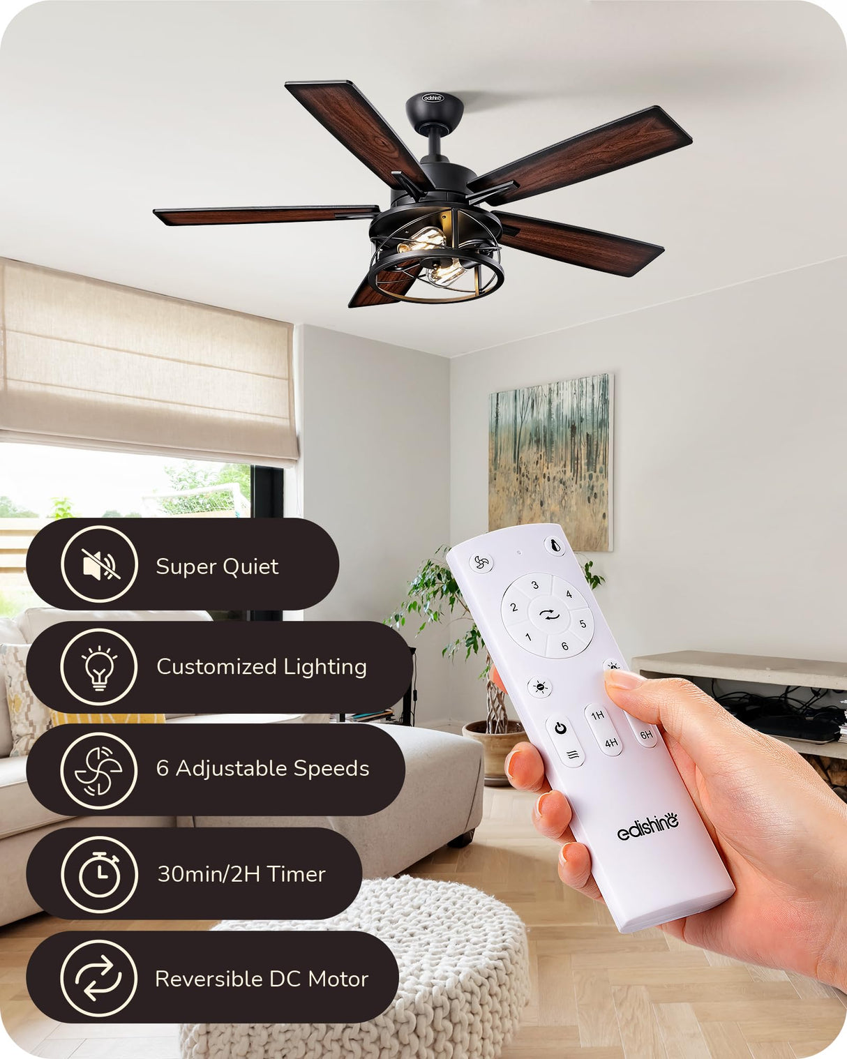 EDISHINE 42“ Farmhouse Ceiling Fans with Lights, Remote Control, Dimmable, 6 Speeds, 5 Wood Blades, DC Reversible Motor, Timer, Noiseless, Small Rustic Ceiling Fan for Bedroom Living Room, UL Listed EDISHINE