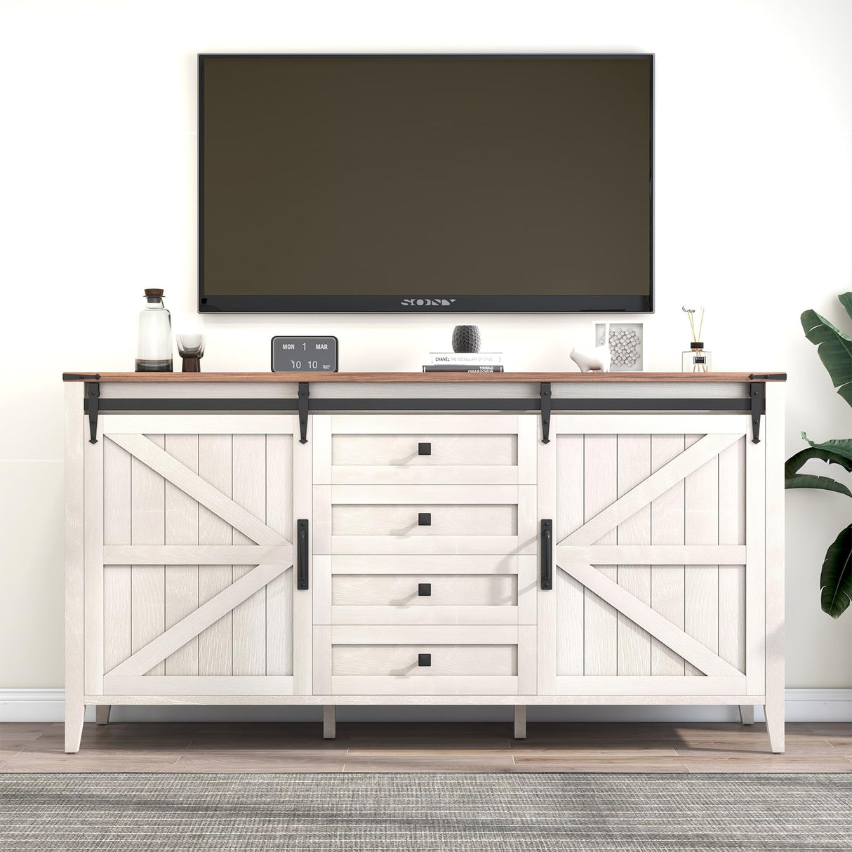 GlouMod 60" Farmhouse TV Stand & Dresser - White Entertainment Center with Sliding Barn Door, Retro Wood Chest for Living Room or Bedroom Storage GlouMod