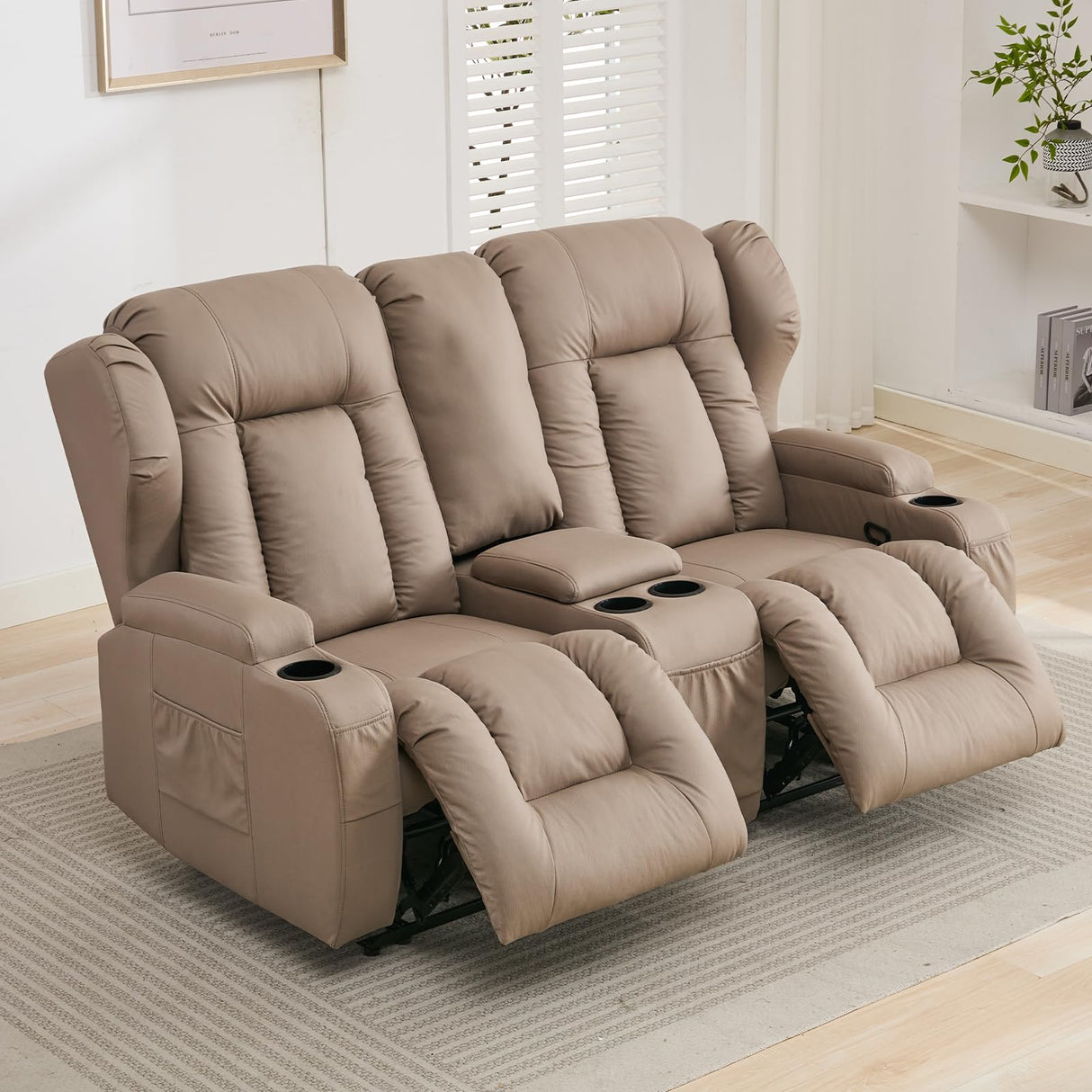 SAMERY 65.5" RV Loveseat Recliner Double Recliner RV Sofa & Console | Wall Hugger Loveseat Reclining RV | RV Theater Seats | RV Couch | RV Home Theater Seating Furniture (Fabric Khaki) SAMERY