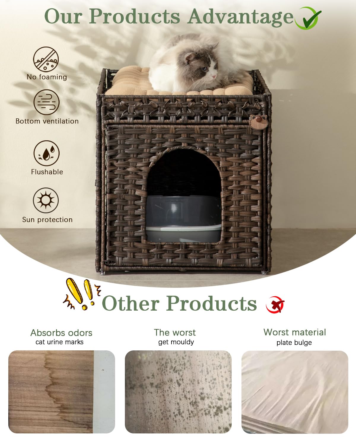 SETVSON Cat Litter Box Enclosure Cat Litter Box Furniture Hidden with Cat Litter Mat, Cat Litter Box Furniture with Two S-Shaped Hooks, Handwoven Rattan Cat House for Living Room, Bedroom, (Brown SETVSON