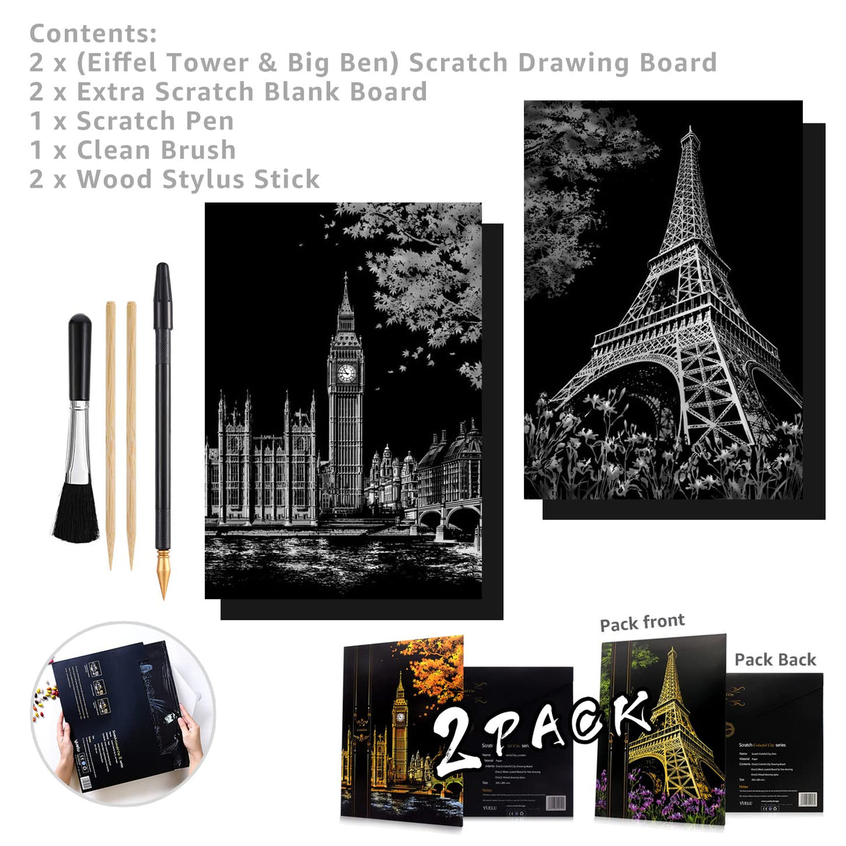 Scratch Painting Kits for Adults & teens, Craft Art Set, Rainbow Scratch Art Painting Paper, Sketch DIY Night View Scratchboard, 16'' x 11.2'' Creative Gift with 3 Tools kit (Eiffel Tower / Big Ben) MIASTAR