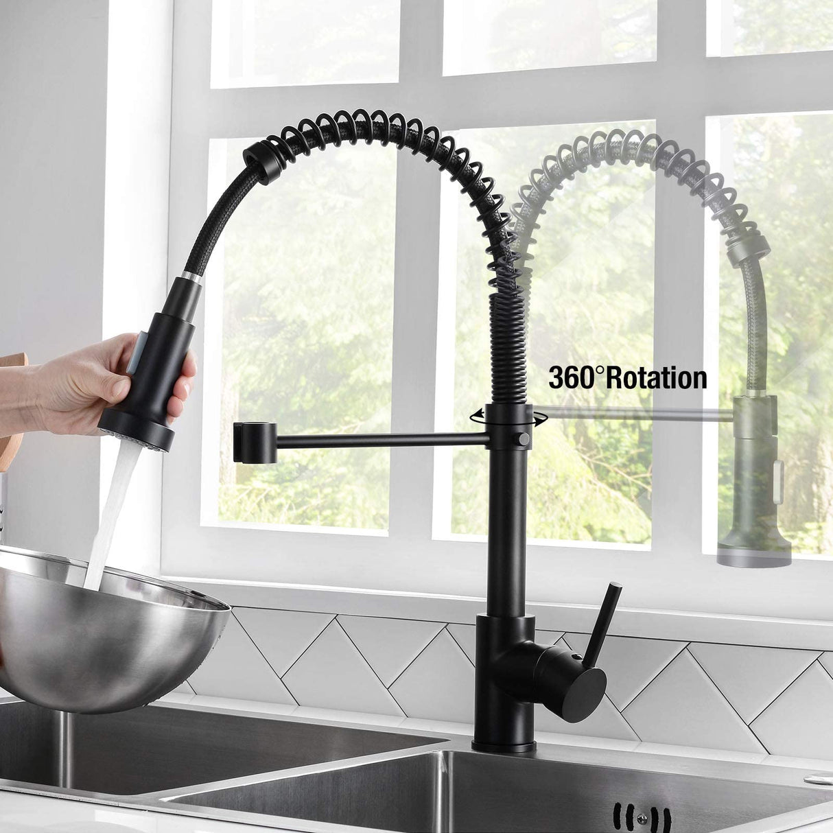 DJS Kitchen Faucets with Pull Down Sprayer Matte Black - Dual Mode Setting Single Handle 1 or 3 Holes Commercial Black Kitchen Sink Faucet with Deck Plate for Farmhouse RV Vessel Basin DJS