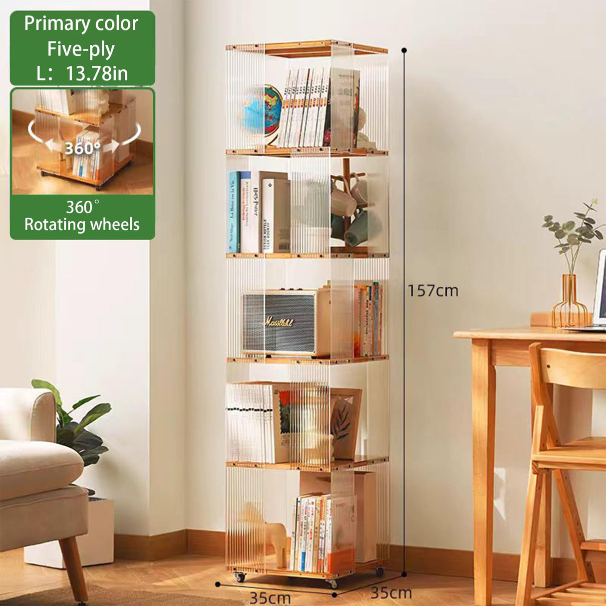 5 Tier Rotating Bookshelf, Clear Bookcase, Modern Storage Organizer Book Case for Bedroom Living Room Home Office, 360 Display Spinning Bookshelf Floor Standing Book Shelf (5 Tier - Natural) ZHUMUJIAJU