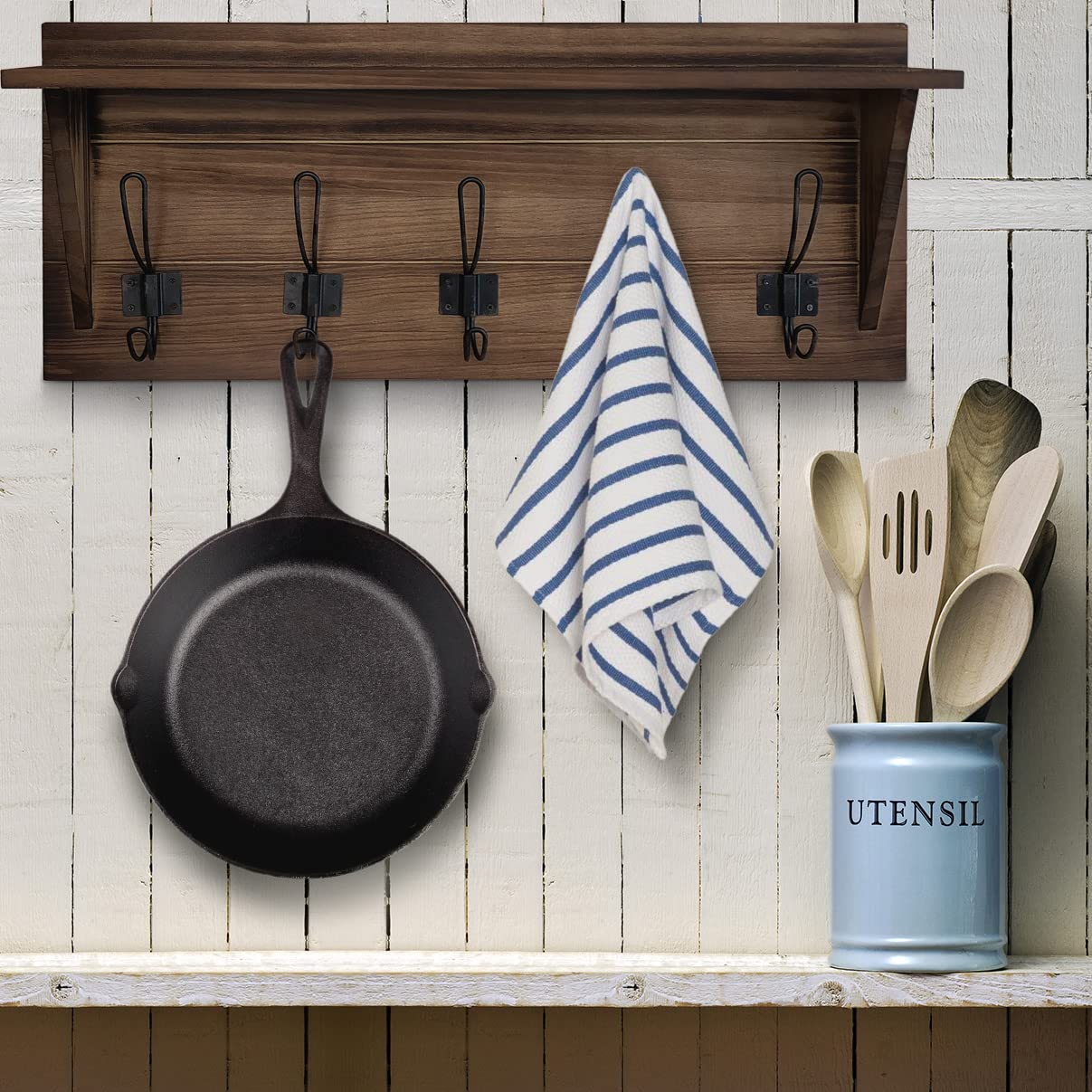 HBCY Creations Rustic Brown Solid Wood Wall Mounted Coat Rack with Shelf, 5 Hooks, 24" Long - Kitchen, Mudroom, Entryway, Bathroom - Includes Mounting Hardware, Coat Hanger, Dog Leash Hooks HBCY Creations